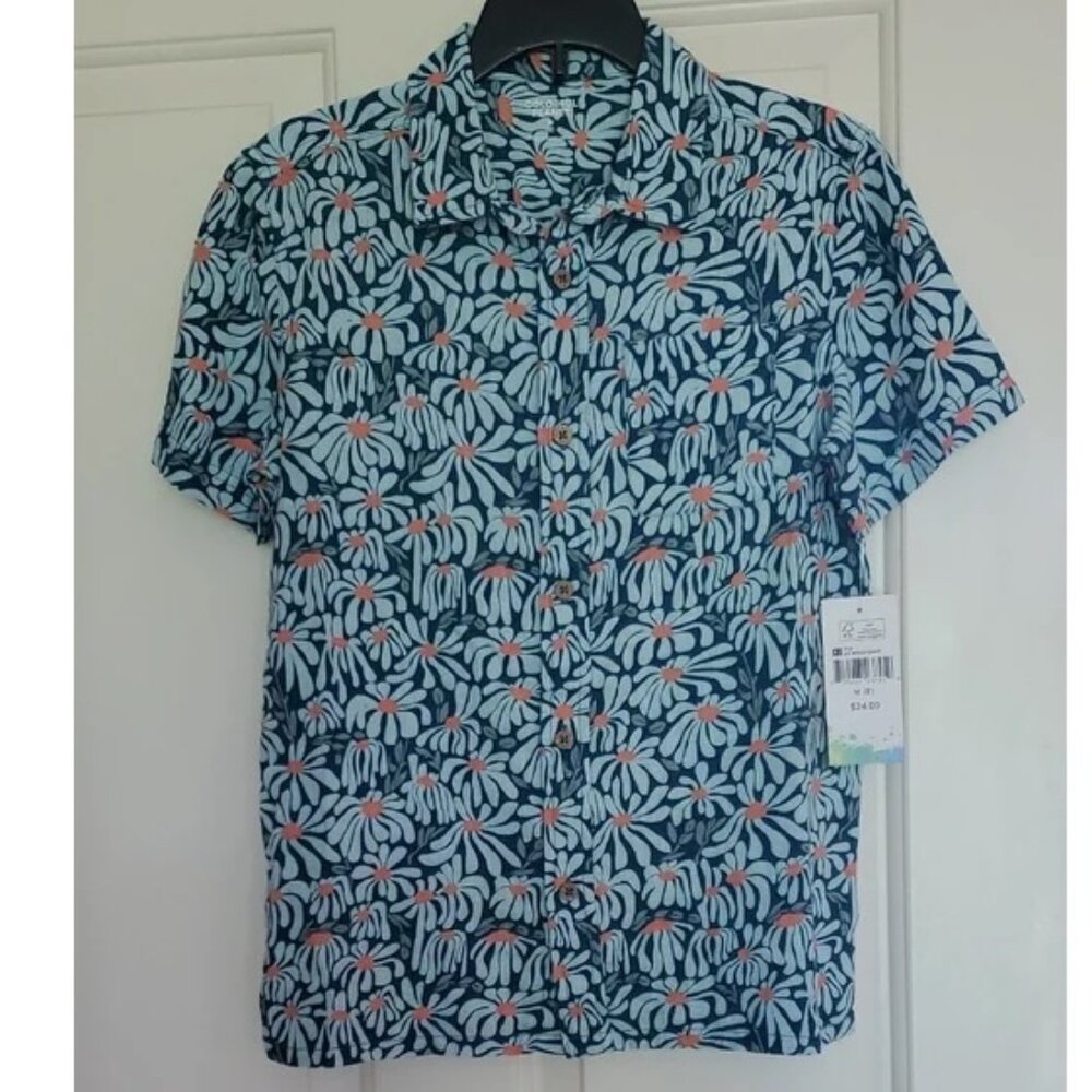 Boys Colorful Planet Linen Blend Button Down Shirt Size M XL XXL Flowers NWT